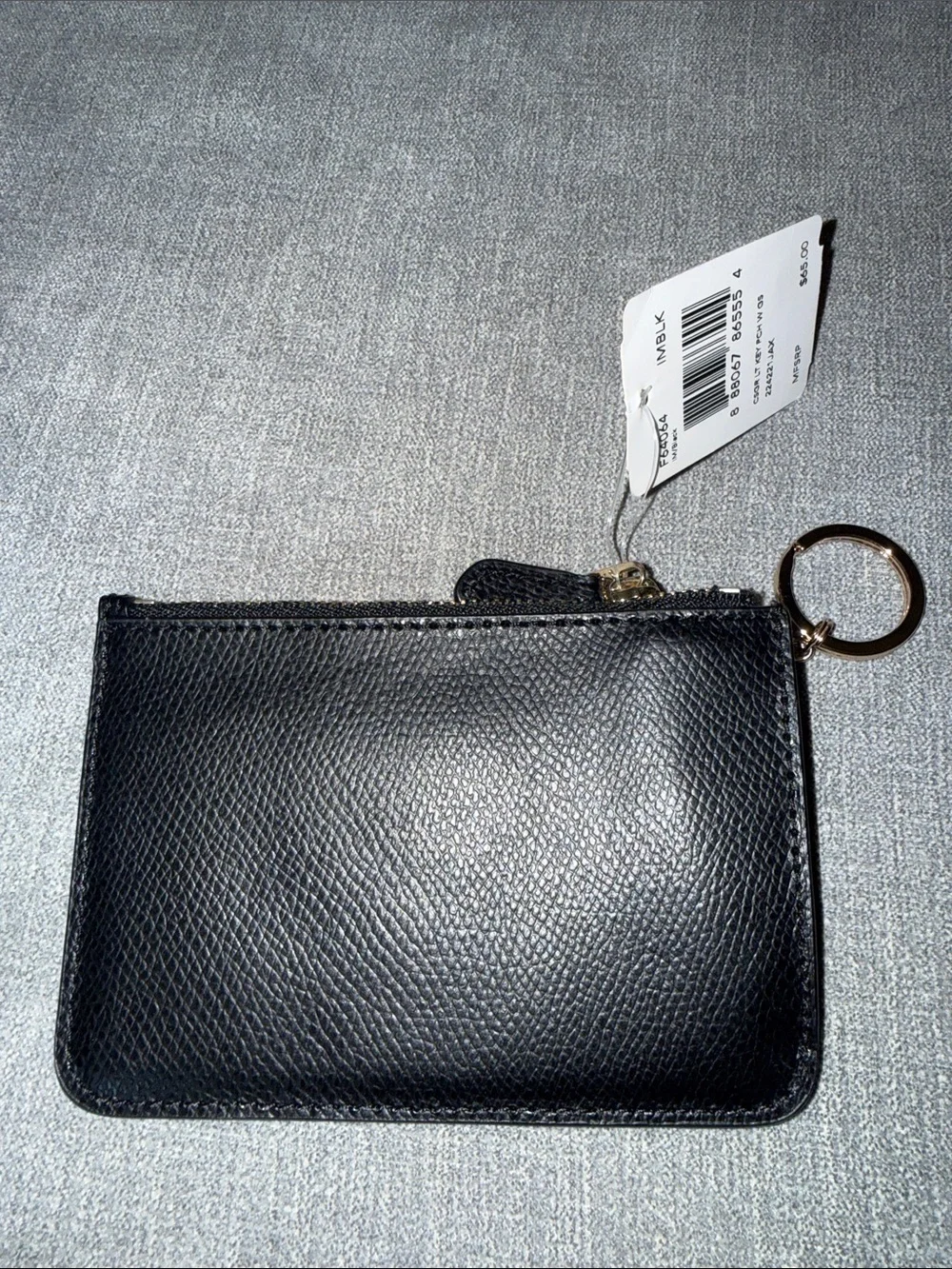 Coach Black Leather Zip Card Case with Gold Keyring